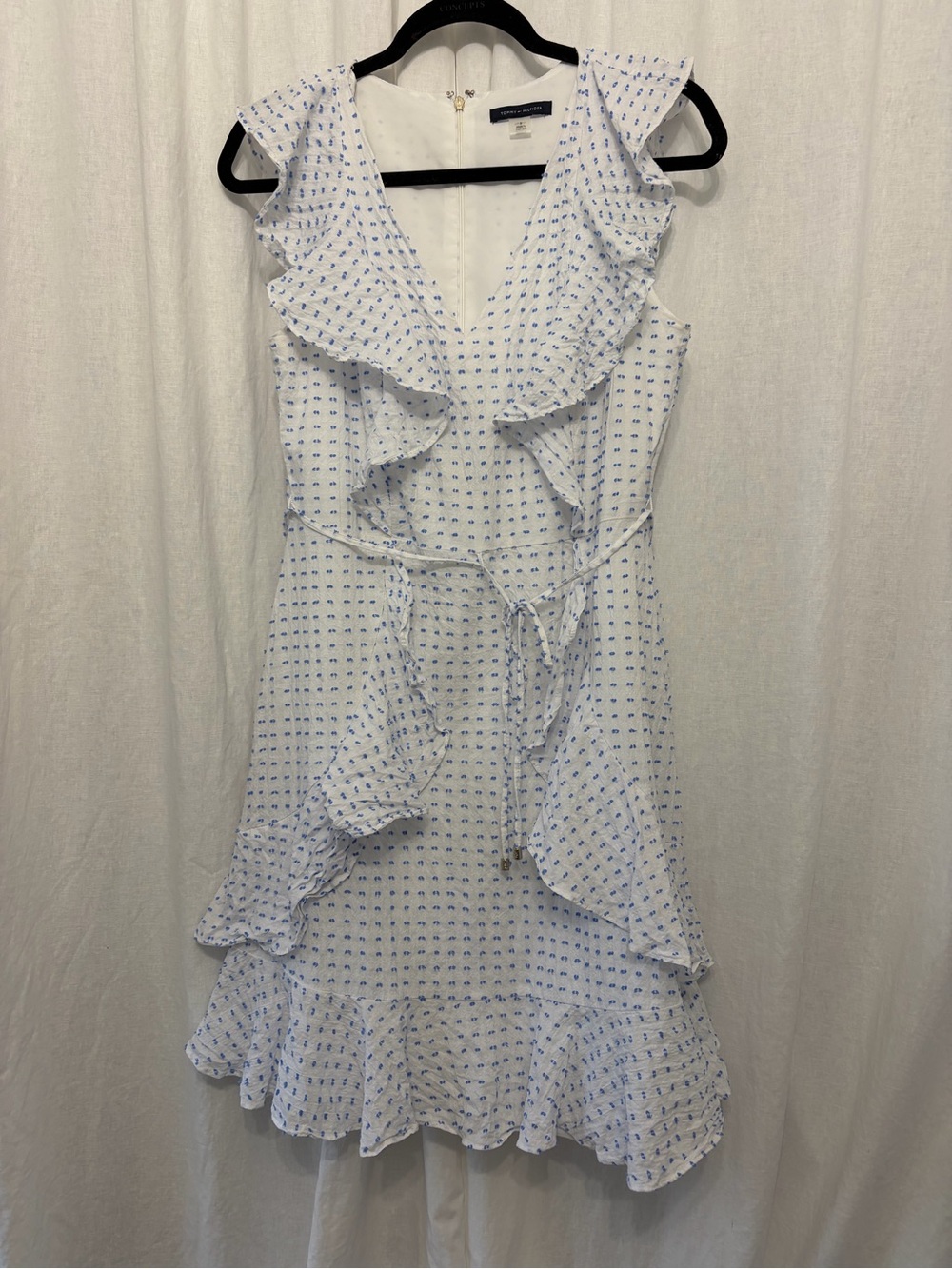 Tommy Hilfiger White & Blue Ruffle Wrap Dress